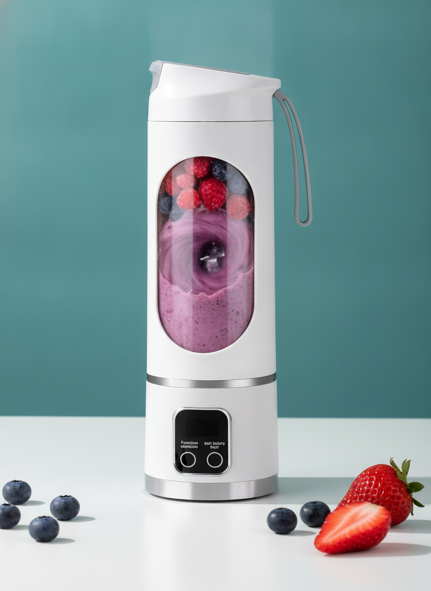 A 10-blade portable USB juicer blender actively blending frozen berries and ice into a smoothie, on a bright white surface.