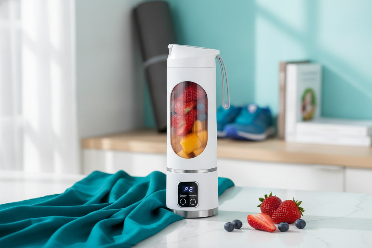 10-Blade Portable USB Juicer Blender on a white countertop with deep teal fabric in a bright setting.